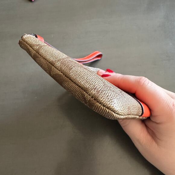 Coach Orange Leather Stripe Tan Coated Canvas Corner Zip Wristlet - Picture 2 of 9